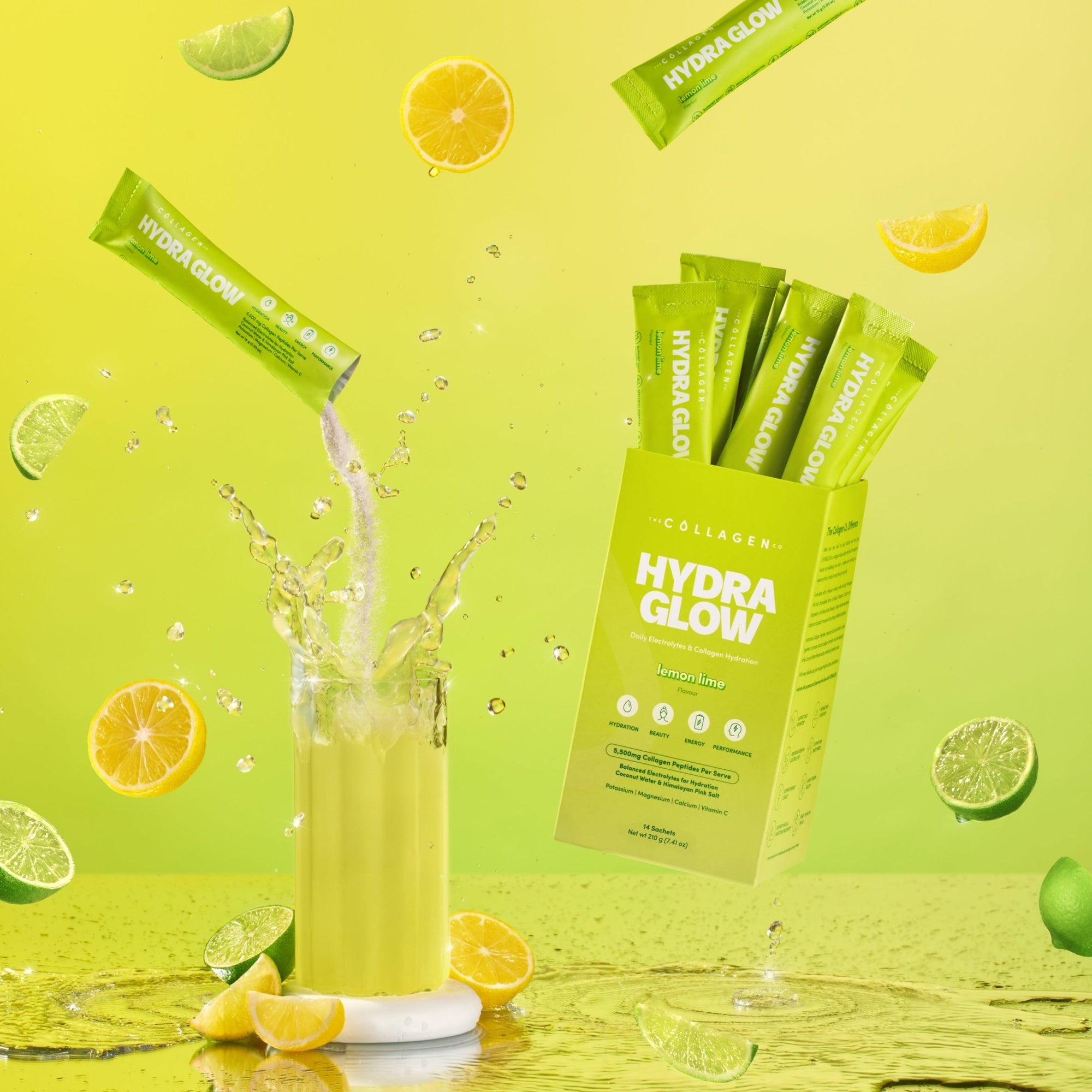 Lemon Lime Hydraglow Collagen Electrolytes Sachets - 210g - The Collagen Co.