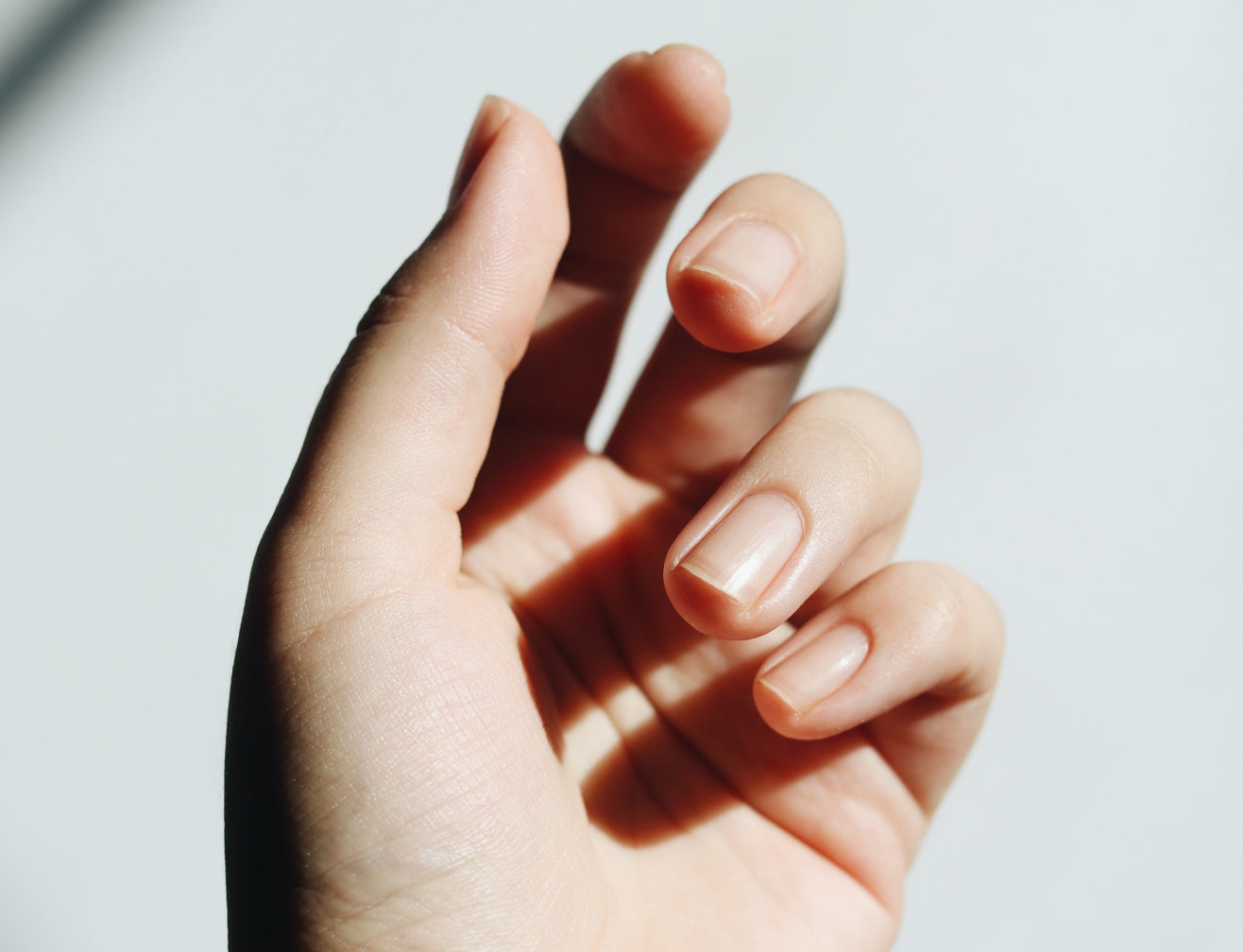 Close-up of a hand with well-groomed nails, emphasizing health and beauty, ideal for illustrating skincare or beauty supplements.