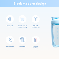 Feature highlight graphic of The Collagen Co's Collagen Protein Shaker including: Mixing ball, rounded base for thorough mixing, BPA and Phthalate free, leak proof seal, easy clean, embossed markings.