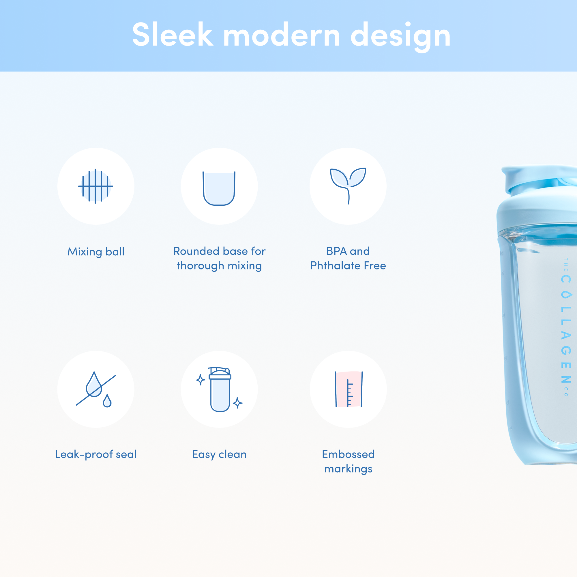 Feature highlight graphic of The Collagen Co's Collagen Protein Shaker including: Mixing ball, rounded base for thorough mixing, BPA and Phthalate free, leak proof seal, easy clean, embossed markings.