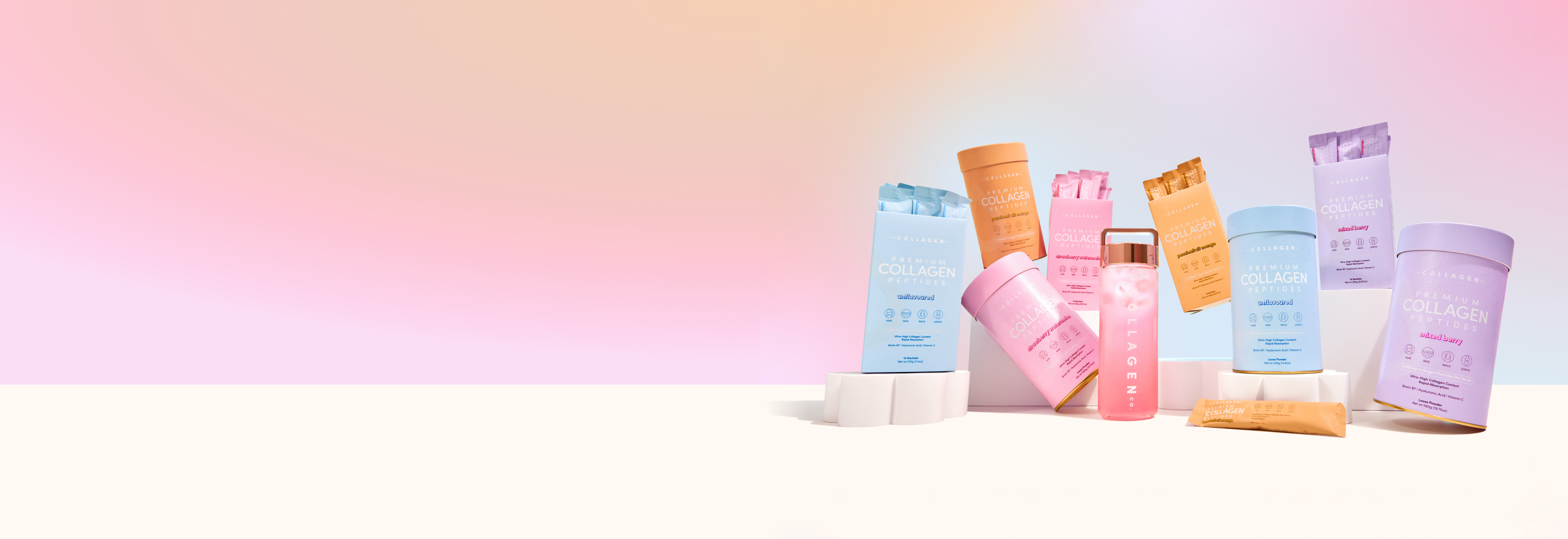 Colorful collagen supplement packaging displayed on a pastel gradient background, featuring jars, pouches, and bottles for beauty and wellness.