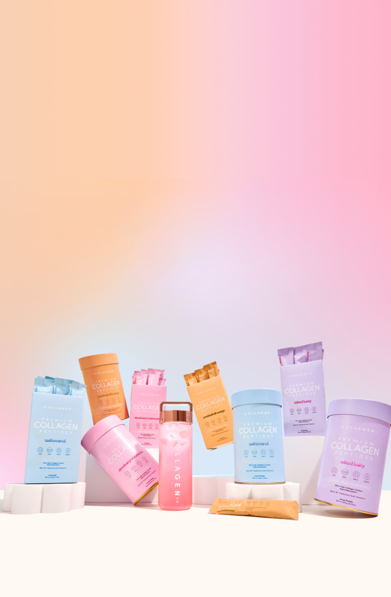 Colorful collagen supplement containers and sachets arranged on a gradient pink and orange background, emphasizing beauty and wellness.