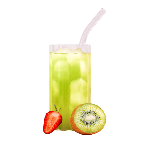 A refreshing glass of green collagen drink with ice, a straw, and garnished with a sliced kiwi and strawberry. Perfect for beauty and wellness.