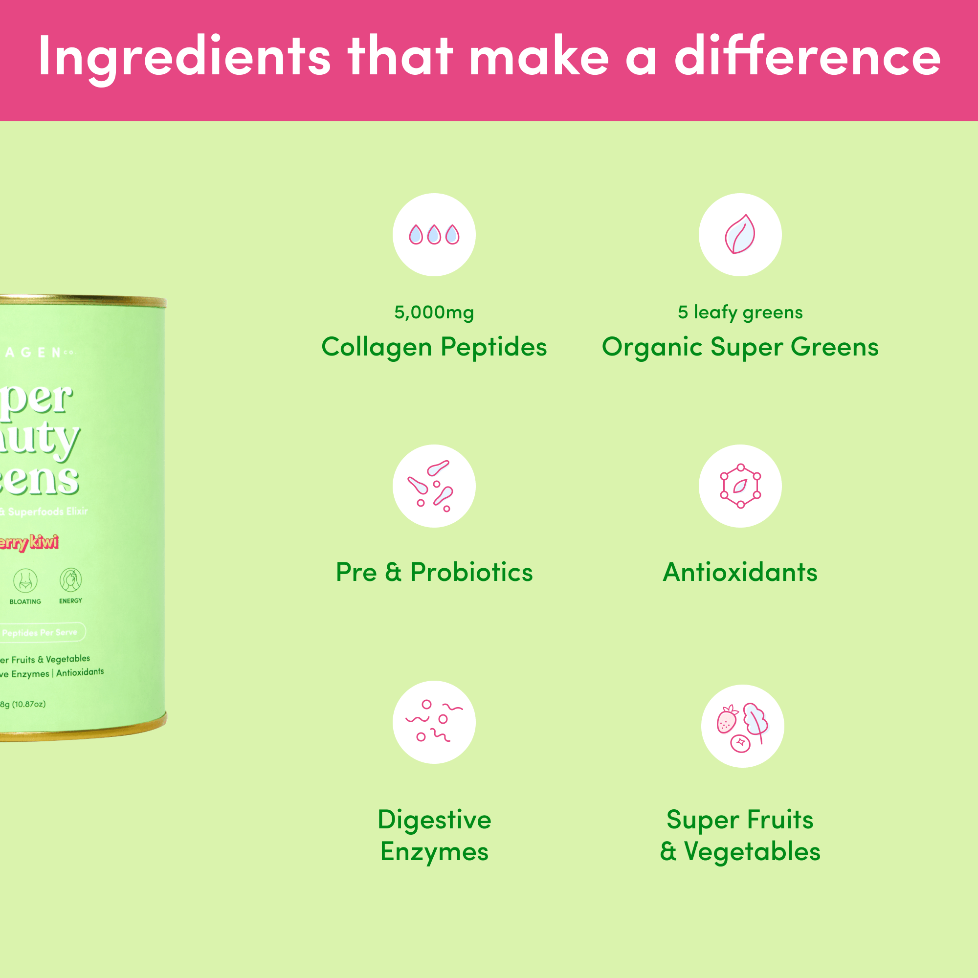Strawberry Kiwi Super Beauty Greens - 308g - The Collagen Co.