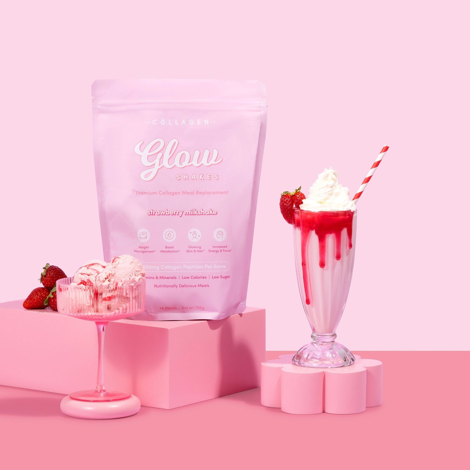 Pink collagen supplement bag with "Glow" label, surrounded by strawberry milkshake, strawberries, and an ice cream sundae on pink background.