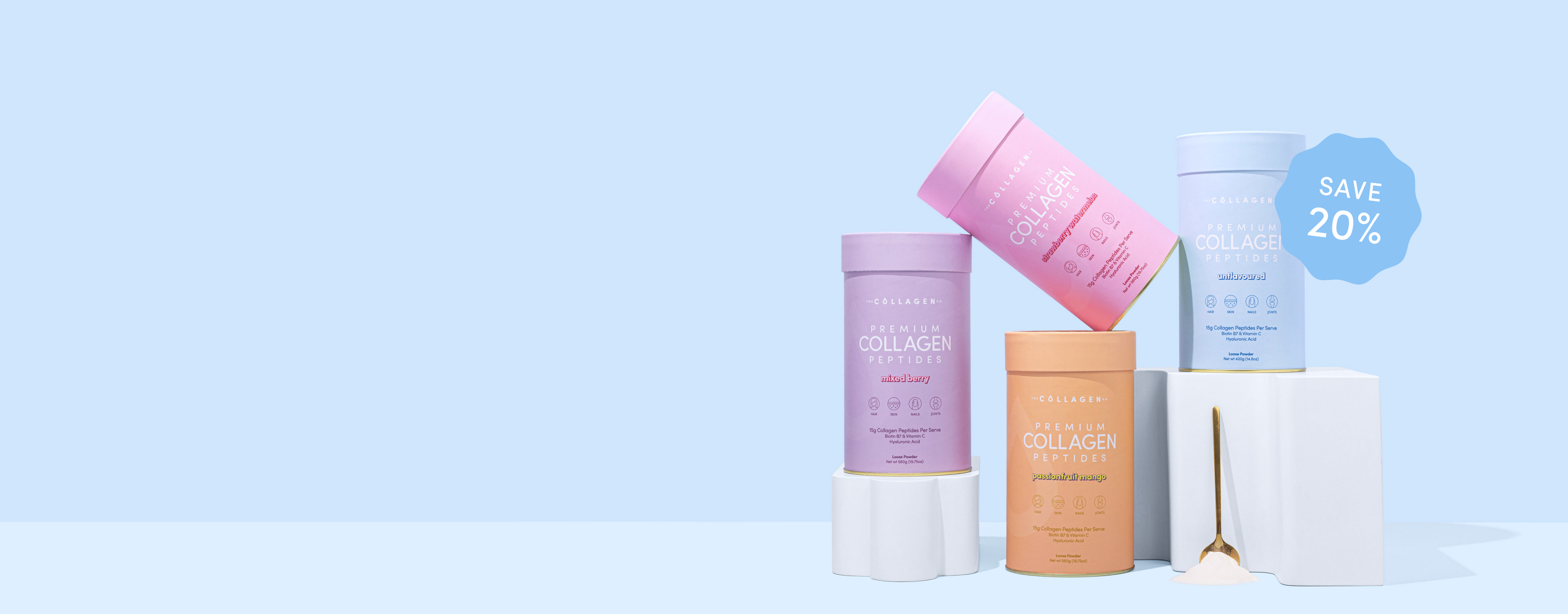 Four pastel collagen containers with a spoon on a blue background. A "Save 20%" badge is next to them. Perfect for beauty and wellness SEO.