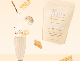 Creamy milkshake with sprinkles and wafers, alongside a collagen supplement pack labeled "Glow," and floating vanilla ice cream.