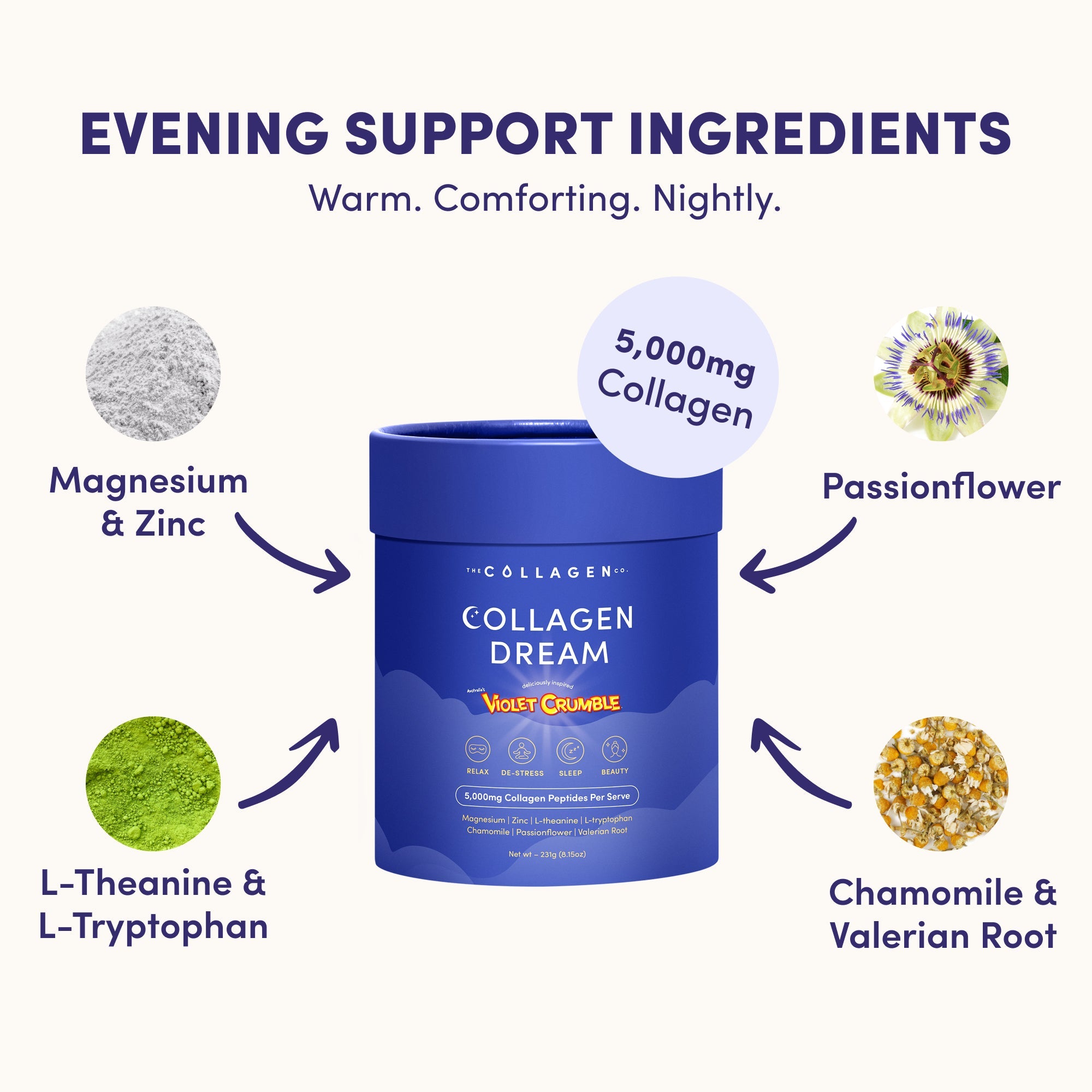 Violet Crumble Collagen Dream Advanced Sleep Formula Hot Chocolate - 231g - The Collagen Co.