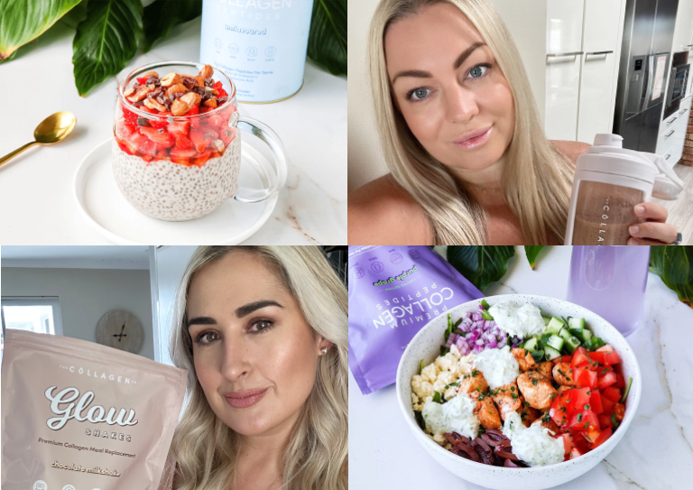 Collage of two women holding collagen products; chia pudding and salad bowls are shown, emphasizing beauty and collagen supplements.