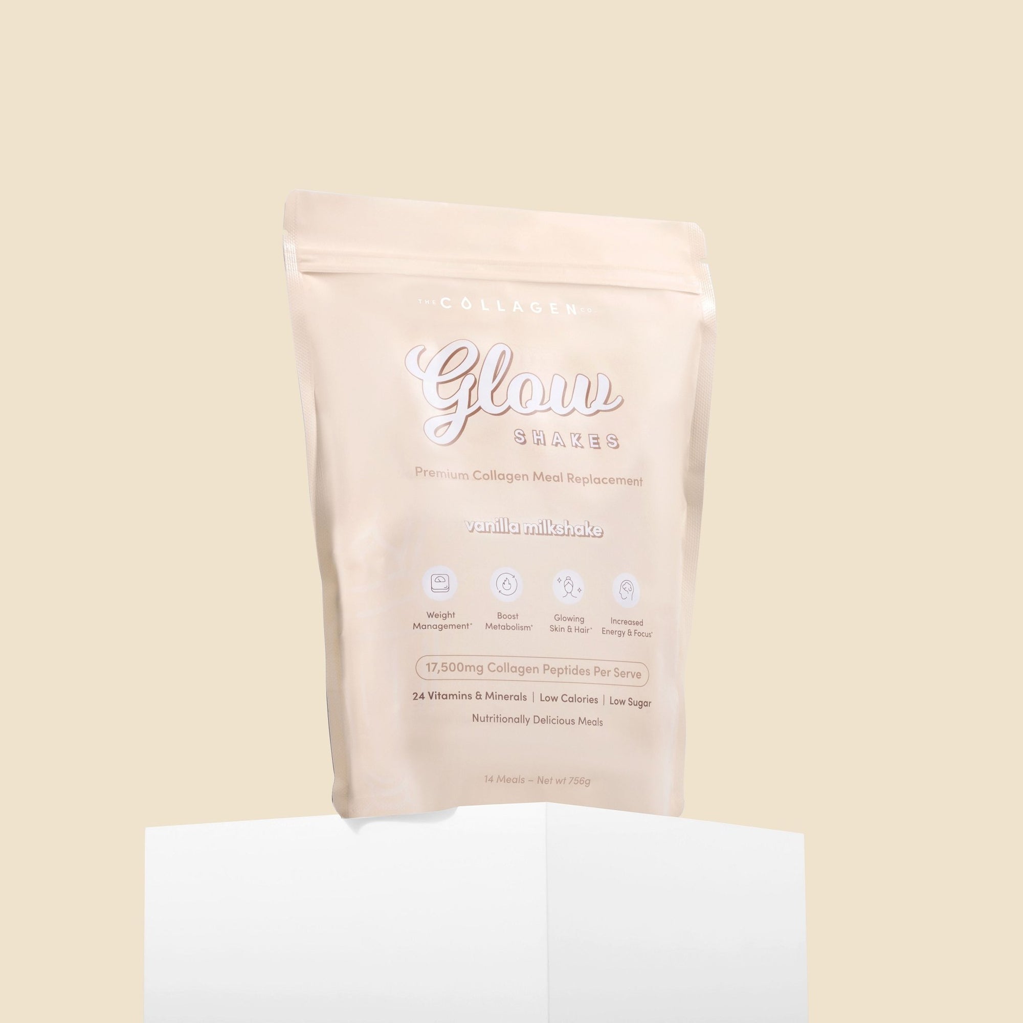 Collagen protein shake pouch with vanilla flavor, highlighting beauty benefits, weight support, and low sugar on a beige background.
