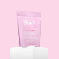 Pink collagen supplement pouch labeled "Glow," featuring benefits like weight management and low sugar. Set against a matching pink background.