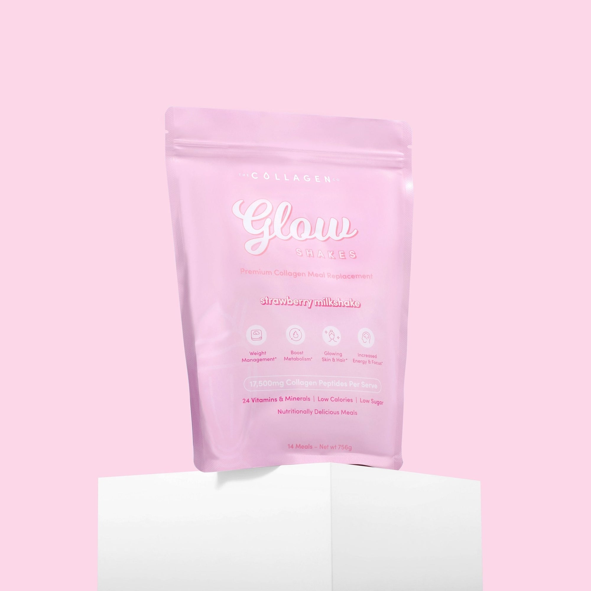 Pink collagen supplement pouch labeled "Glow," featuring benefits like weight management and low sugar. Set against a matching pink background.